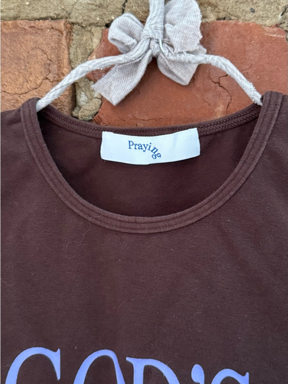 Women's Brown Crop Tee with Purple 'GOD'S FAVORITE' Graphic - Picture 2 of 3